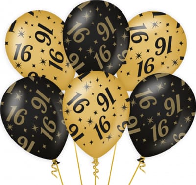 16 jaar Leeftijd verjaardag feest ballonnen - 6x stuks - zwart/goud - 30 cm- Feestartikelen/versiering
