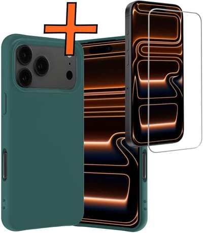 Hoes - Met Screenprotector - Geschikt voor Apple iPhone 17 Pro - Sterk & Shockproof - Back Cover - Siliconen Case - Telefoon Hoes - Donkergroen