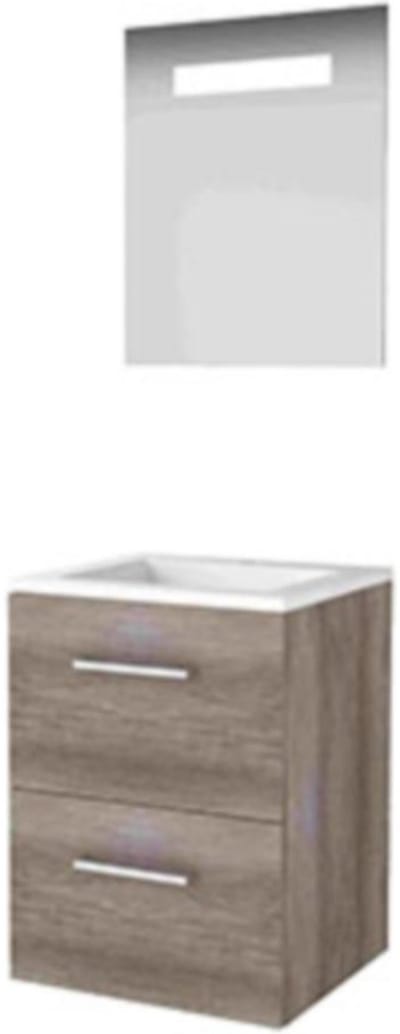 Basic-Line Economic 46 Badkamermeubelset - 50 x 46 cm - Met Grepen - 2 Lades - Acryl Wastafel - 1 Kraangat - Spiegel met LED Verlichting - Scotch Oak