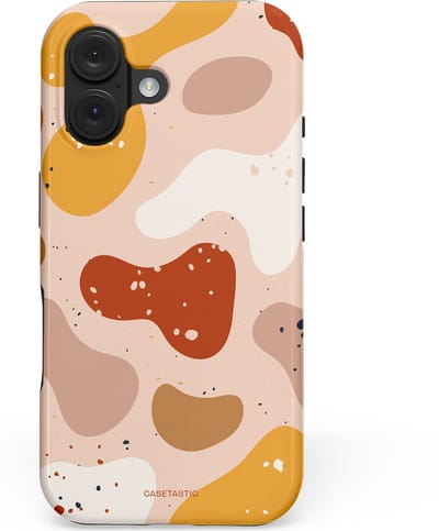 Casetastic hoesje geschikt voor Apple iPhone 16 - MagSafe - Dubbellaagse bescherming - Terrazzoque - Fashion Case - Zand Perzik Okergeel Lichtgrijs