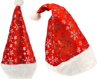 Kerstmuts Set van 2 - unisex sneeuwvlokken santa muts - Rood/Wit Pluche - Omtrek 62 cm - Voor dames en heren
