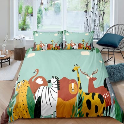 Cartoon dieren dekbedovertrek voor kingsize/queensize bed, olifant, giraffe en leeuw, beddengoedset voor kinderen, wildleven, geel, 2/3-delige polyester dekbedovertrek 210x210cm 3pcs