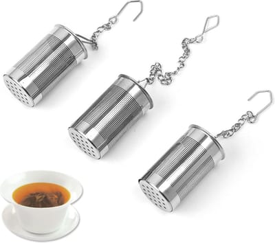 JGS ® 3 stuks roestvrijstalen theezeef, theezeefdeksel, zilver, theezeef, losse theekop, theezeef, grote theepot voor met haak, ketting, thee, kruiden, zeef, thee-ei, theefilter, plaats het in de beker en