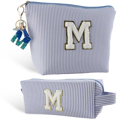 Dailygoods - Make-uptas voor meisjes en vrouwen, make-uptas en sleutelhanger met initialen, gepersonaliseerde cadeaus voor moeders, vriendinnen en zussen, blauw, M, Eenvoudig en stijlvol
