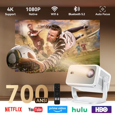 Huidun PT10 Beamer - 14000Lumens - WiFi 5 - Autofocus - Automatische trapeziumcorrectie - Android 13 - Whale OS - Officiële Netflix, YouTube en Disney+ - Compact en draagbaar - Laag geluidsniveau - Thuisbioscoop en buitengebruik - Wit