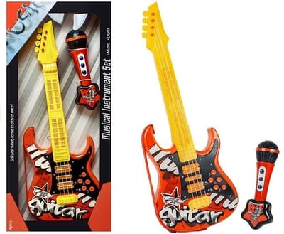Elektrische Speelgoed gitaar voor kinderen Met Microfoon rood/geel - Kinder Gitaar 57 cm - Speelgoedgitaar