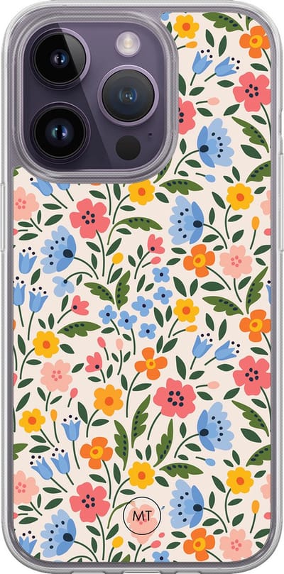 Hybride hoesje geschikt voor iPhone 14 Pro - Romantische bloemen - Extra bescherming - Luxe beschermhoes - TPU case - Transparant, Multi - Mooie Telefoonhoesjes
