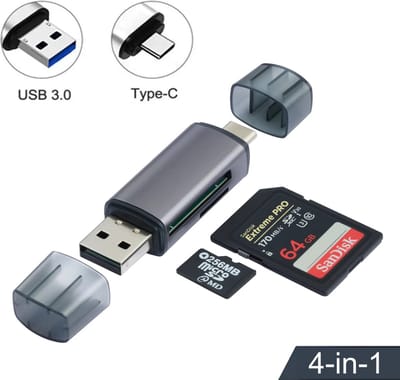 Femur 4-in-1 SD Kaartlezer USB voor Micro SD kaart - SD kaart - Geschikt voor Telefoon, PC en Tablet met USB-C aansluiting