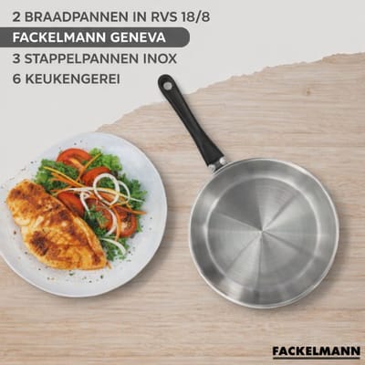 Set 2 pannen 20 en 24 cm, 3 roestvrijstalen steelpannen en 6 roestvrijstalen keukengerei Fackelmann Geneva