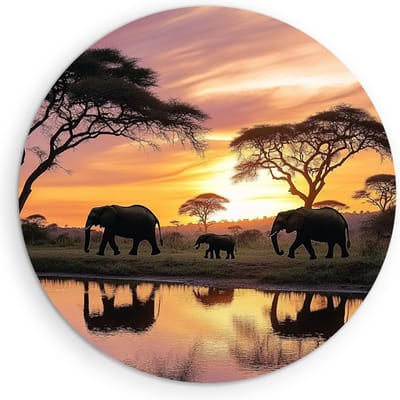 Saammp Muurcirkel Hout - Olifanten familie met kalf - Zonsondergang - Dieren - Ø 90 - Wandcirkel - Wanddecoratie Cirkel - muurdecoratie Woonkamer - Slaapkamer decoratie - Rond Schilderij