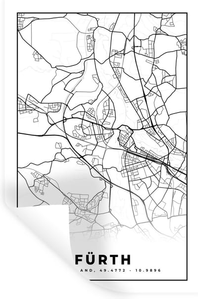 Muurstickers - Sticker Folie - Fürth - Kaart - Plattegrond - Stadskaart - 20x30 cm - Plakfolie - Muurstickers Kinderkamer - Zelfklevend Behang - Zelfklevend behangpapier - Stickerfolie