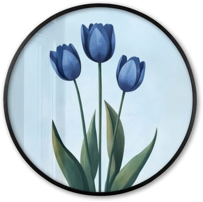 Poster in lijst Rond - Fotolijst 60x60 cm - Posters - Tulpen - Blauw - Bladeren - Ronde posterlijst zwart - Decoratie - Wanddecoratie woonkamer - Muurdecoratie slaapkamer