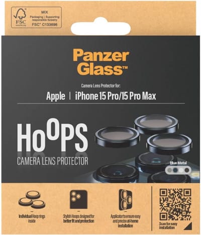 PanzerGlass Optical Hoop Rings Geschikt voor Apple iPhone 15 Pro / 15 Pro Max - Camera Lens Protector Glas - Schokbestendig - Krasbestendig - met Applicator - Metaal Blauw
