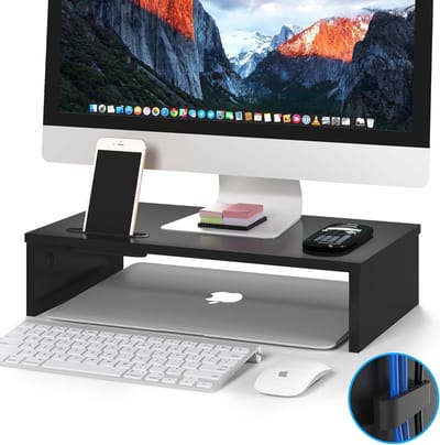Famanu – Houten bureaustandaard met smartphonehouder, kabelbeheer en modern design, geschikt voor computer of laptop, zwart