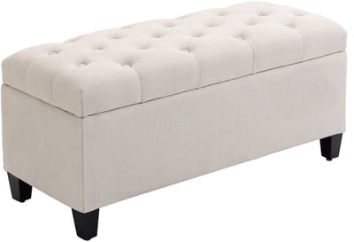 Opbergbank 100 x 40 x 44 cm - Gestoffeerde Zitbank Met Opbergruimte - Polyester en Rubberhout - Crème