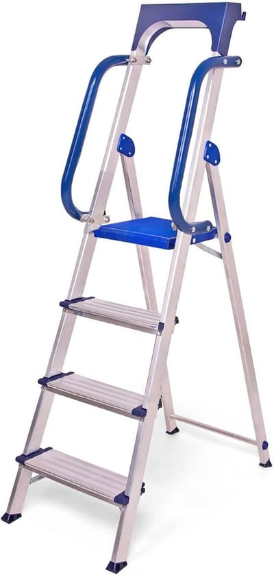 Veilige Trapladder 4 Treden met Leuningen en Gereedschapshouder - Versterkt Aluminium, 150 kg Belasting