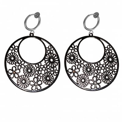Klem oorbellen -zwart- rond- bloem-geen gaatje-Charme bijoux