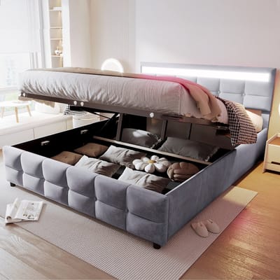 REDOM gestoffeerd bed 180x200 cm – Fluweel grijs – LED-verlichting – Hydraulische opbergruimte – 24 latten – 300 kg