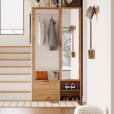 STILVORA Garderobekast - 6-in-1 Met Spiegel En Klapdeur - 9 Opbergruimtes Voor Jassen - Spaanplaat - 100x33x190 cm - Natuurlijke Houtkleur
