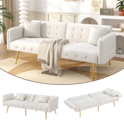 2-zits Slaapbank - Fluwelen Bedbank - Verstelbare Rugleuning en Armleuningen - Slaapoppervlak 215 x 81.5 cm - Voor Logeerkamer - Gebroken Wit