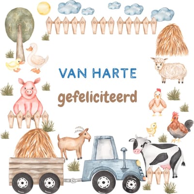 Wenskaart van harte gefeliciteerd boerderij dieren trekker hekjes – 13x13 cm – gevouwen kaart – inclusief witte envelop – stevig papier – verjaardagskaart kind