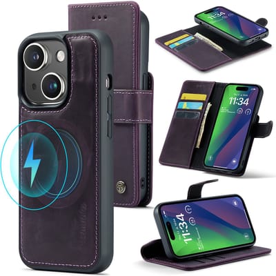 Casemania Echt Leren Hoesje Geschikt voor Apple iPhone 15 Plus - Dark Purple - 2-in-1 Magnetisch Afneembare Book Case - Portemonnee Hoes met Pasjeshouder - Geschikt voor MagSafe