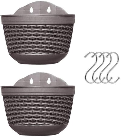 Set van 2 stuks hangende plantenbakken buiten hangende mand plastic bloempot planten houder hanger voor balkon hek wandgemonteerde plantenbakken met drainage en 4 haken (koffie+koffie)
