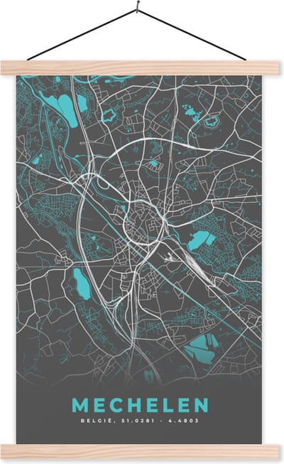 Posterhanger incl. Poster 40x60 cm - Schoolplaat - België – Mechelen – Stadskaart – Kaart – Blauw – Plattegrond - Textielposter - Blanke latten - Stadskaart