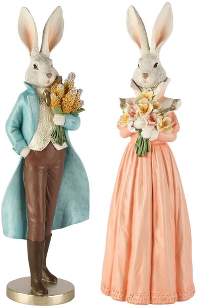 Dekoratief | Bunny staand m/bloemen, resina, 17x15x53cm, set van 2 stuks | A260031