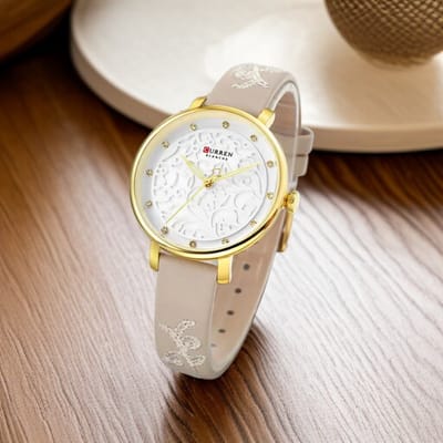 CURREN Beige Leer Band - Dameshorloge met Bloemmotief en Kristalaccenten