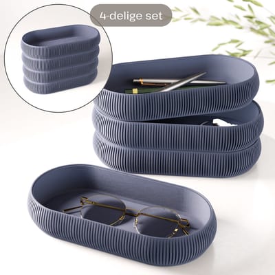 Fleuriek – Stapelbare organizer set 4-delig – Mix & match opbergsysteem – Trays + pennenhouder voor kantoor, bureau, badkamer & keuken – Blauw