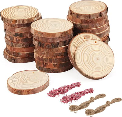 Houten schijven 7-8 cm voor DIY-projecten, bruiloftsdecoraties en ambachtelijke kunst, 30 stuks met gaten en touw