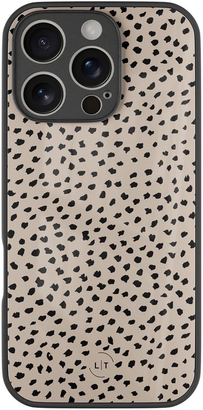 Hoesje geschikt voor iPhone 16 Pro - Almond dots - Luxe Glazen Hardcase - Gestipt - Beige - Leuke Telefoonhoesjes