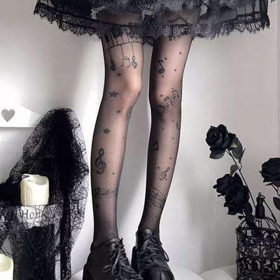 Bas pour femmes Nouveau Symbole Note de Musique Peau Noire Impression Lolita Collants Bas Habillement de Jambes Club Party Collants Y2K One Size gray