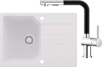 Anycee MAX Spoelbak Keuken Wit - Granieten Spoelbak 65x45CM - Spoelbakken Keuken Met Keukenkraan - Spoelbakken Met Afdruip - Opbouw Spoelbak