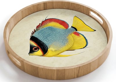 Dienblad rond 40x40 cm - Schootdienblad hout - Kleurrijk - Vis - Schubben - Illustratie - Borrelplank rechthoek - Plateau houten dienbladen
