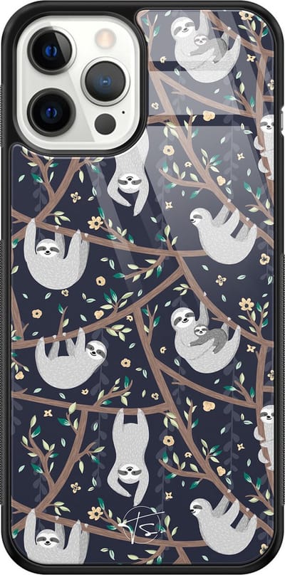 Hoesje geschikt voor iPhone 12 Pro Max - Luiaard - Luxe Hard Case - Print - Zwart - Mooie Telefoonhoesjes