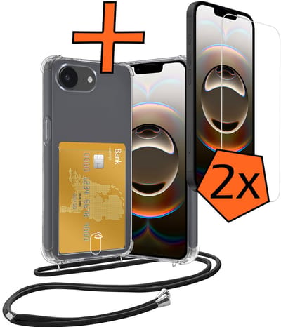 Hoesje Geschikt voor iPhone 16e Hoesje Met Telefoonketting Pasjeshouder Shockproof Case Met 2x Screenprotector Koord - Hoesje Geschikt voor iPhone 16e Hoes Met Kaarthouder - Transparant