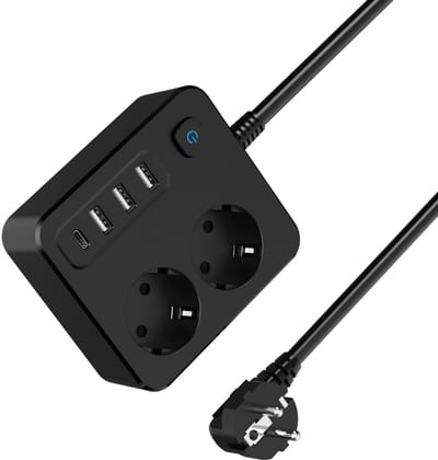 ECTEATOY® Stekkerdoos met hoofelschakelaar - 2 stopcontacten - 3 USB-A en 1 USB-C PD snelladen - 2 m - zwart
