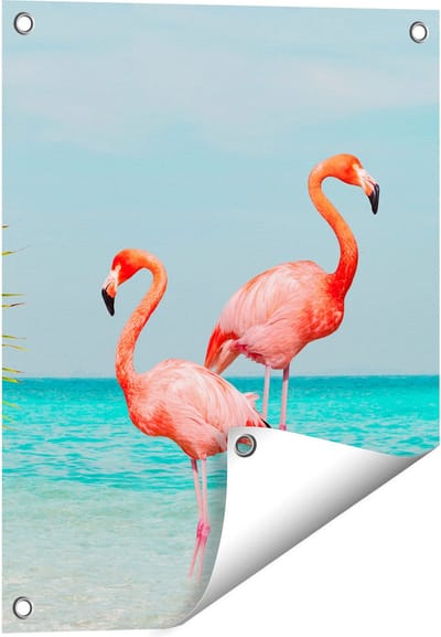 Gards Tuinposter Twee Flamingo's in het Water - 40x50 cm - Tuindoek - Tuindecoratie - Wanddecoratie buiten - Tuinschilderij