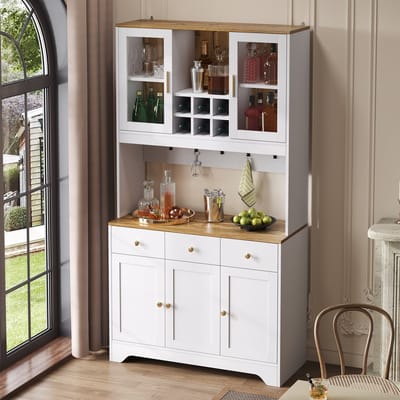 DESMIU Buffetkast - Veel Opbergruimte Met Vitrinedeuren En Lades - Voor Woonkamer En Eetkamer - MDF - 94,5x30x175,5 Cm - Wit