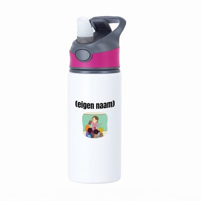 Hacebo® - juf met kinderen met eigen naam waterfles met rietje roze - Juf - leraressen - collega's - verjaardag - afscheidscadeau - geschenk - kado - water fles - 650ML