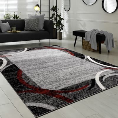 Flycarpets Sinovo Modern Vloerkleed - Grijs / Rood - Laagpolig Tapijt Loper - 80x150 cm