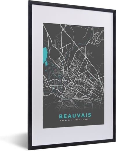Fotolijst incl. Poster - Frankrijk - Plattegrond - Beauvais - Kaart - Stadskaart - 40x60 cm - Posterlijst