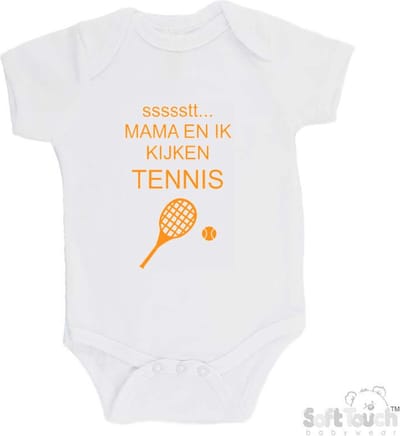 100% katoenen Romper "ssssstt... Mama en ik kijken tennis" Unisex Katoen Wit/mosterd Maat 56/62
