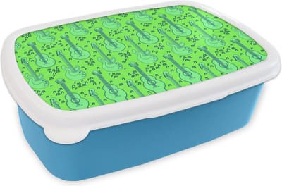 Broodtrommel Blauw - Lunchbox - Brooddoos - Gitaar - Patronen - Groen - 18x12x6 cm - Kinderen - Jongen
