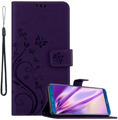 Cadorabo Hoesje geschikt voor Honor 9 LITE in BLOEMEN DONKER PAARS - Beschermhoes in bloemmotief met magnetische sluiting, standfunctie en kaartsleuven Book Case Cover Etui