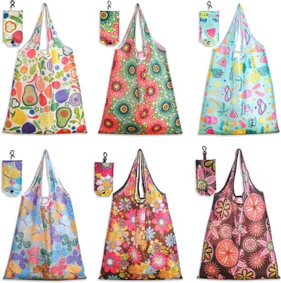 Vouwbare boodschappentassen set van 6, 38 x 58 cm, herbruikbare en milieuvriendelijke tas voor winkelen, reizen en dagelijks gebruik