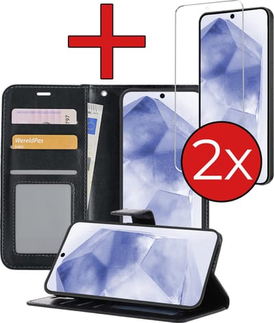 Hoesje - Met 2x Screenprotector - Geschikt voor Samsung Galaxy A55 - Luxe Pasjeshouder - Flip Case - Bookcase Portemonee - Kunstleer Book Case - Flipcase Hoes - Book Cover - Walletcase - Portemonneehoes - Telefoonhoes - Zwart