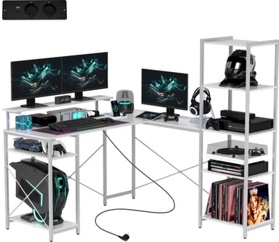 Merax Hoekbureau L-vormig 137 x 140 x 139,5 cm - Bureau met Monitorstandaard - Stopcontact en USB - Computerbureau met Opbergrek - Wit